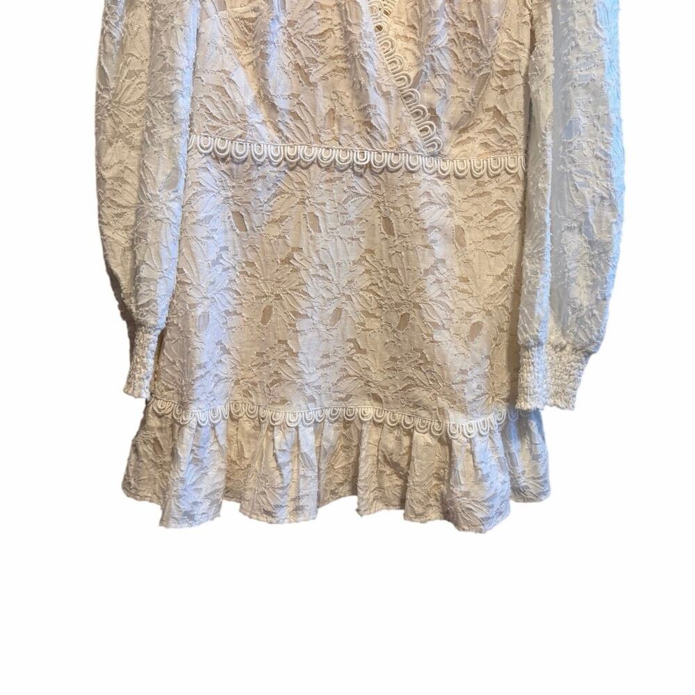 Just Me Ivory Floral Lace Mini Dress L Puff Sleeve V Neck Bridal Boho - Picture 4 of 11